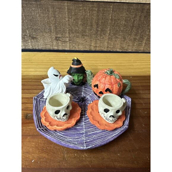 Vintage Miniature Decorative Halloween Tea Set Skull Witch Ghost Pumpkin 10pc - Picture 1 of 5